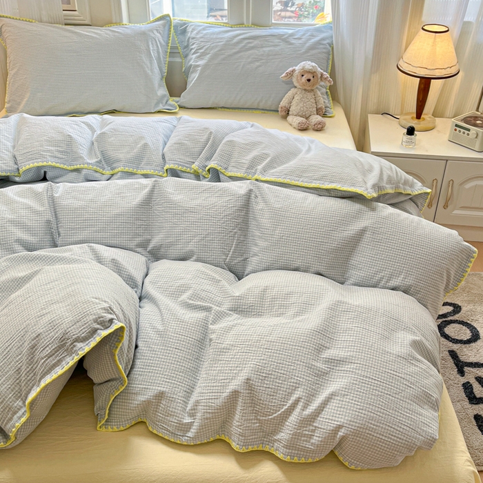 91家纺网 家纺一手货源 找家纺 禧澜庭 2026新款全棉纯棉水洗棉贝壳边三角针四件套 简格-蓝