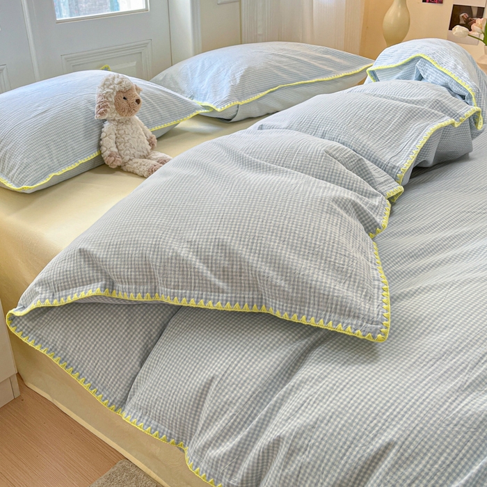 91家纺网 家纺一手货源 找家纺 禧澜庭 2026新款全棉纯棉水洗棉贝壳边三角针四件套 简格-蓝