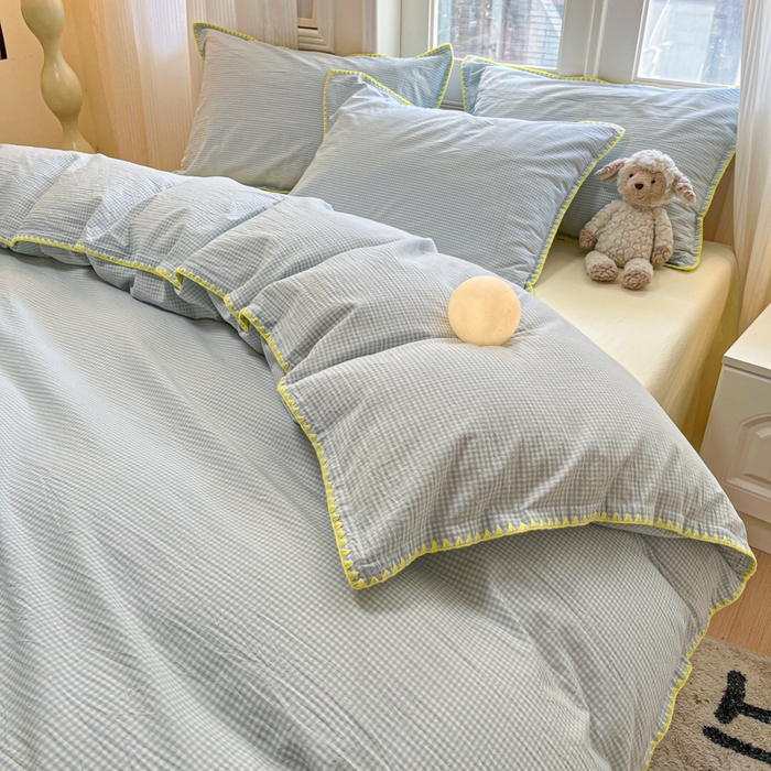 91家纺网 家纺一手货源 找家纺 禧澜庭 2026新款全棉纯棉水洗棉贝壳边三角针四件套 简格-蓝