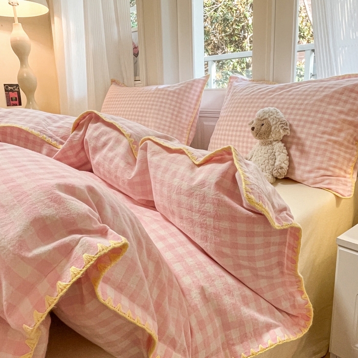 91家纺网 家纺一手货源 找家纺 禧澜庭 2026新款全棉纯棉水洗棉贝壳边三角针四件套 云芙-粉