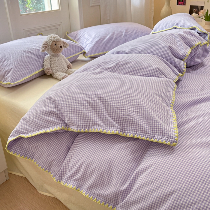 91家纺网 家纺一手货源 找家纺 禧澜庭 2026新款全棉纯棉水洗棉贝壳边三角针四件套 简格-紫