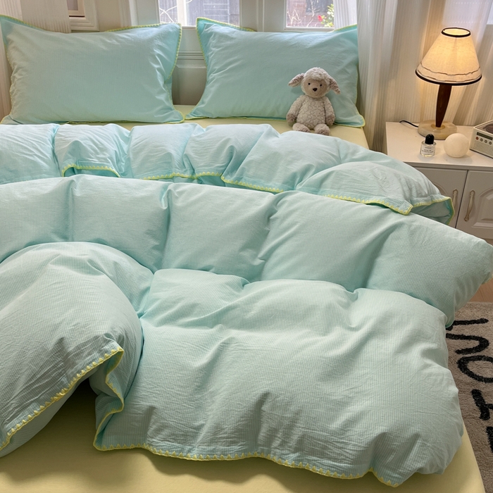 91家纺网 家纺一手货源 找家纺 禧澜庭 2026新款全棉纯棉水洗棉贝壳边三角针四件套 初见-蓝