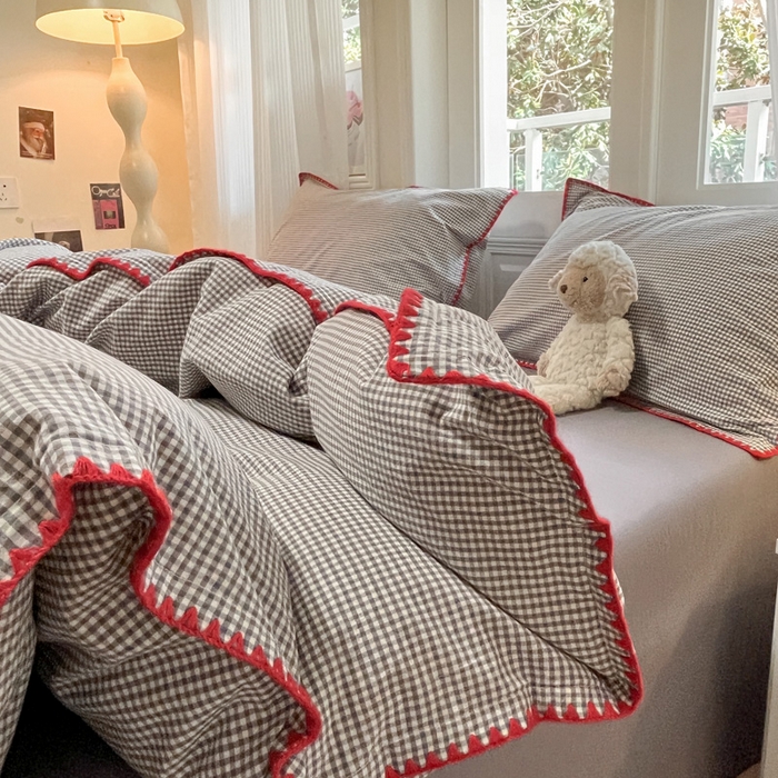 91家纺网 家纺一手货源 找家纺 禧澜庭 2026新款全棉纯棉水洗棉贝壳边三角针四件套 简格-灰