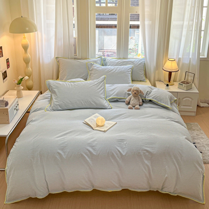 91家纺网 家纺一手货源 找家纺 禧澜庭 2026新款全棉纯棉水洗棉贝壳边三角针四件套 简格-蓝