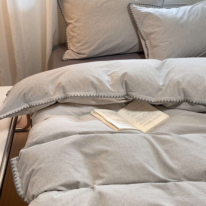 91家纺网 家纺一手货源 找家纺 禧澜庭 2026新款全棉纯棉水洗棉贝壳边三角针四件套 初见-灰