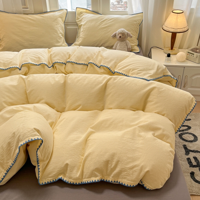 91家纺网 家纺一手货源 找家纺 禧澜庭 2026新款全棉纯棉水洗棉贝壳边三角针四件套 初见-黄