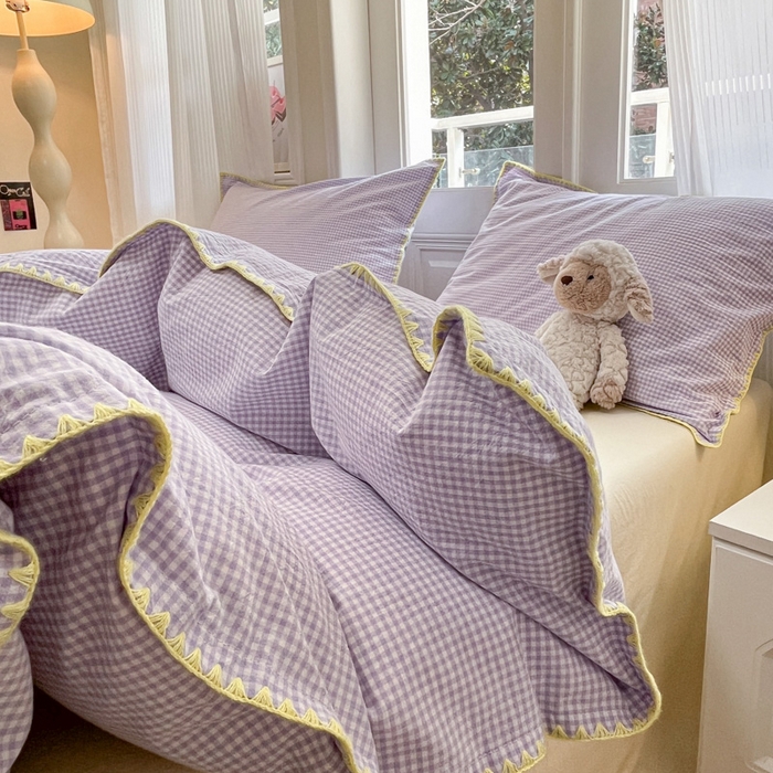 91家纺网 家纺一手货源 找家纺 禧澜庭 2026新款全棉纯棉水洗棉贝壳边三角针四件套 简格-紫