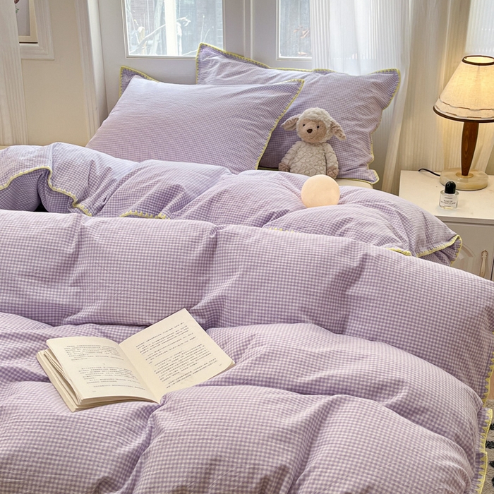 91家纺网 家纺一手货源 找家纺 禧澜庭 2026新款全棉纯棉水洗棉贝壳边三角针四件套 简格-紫