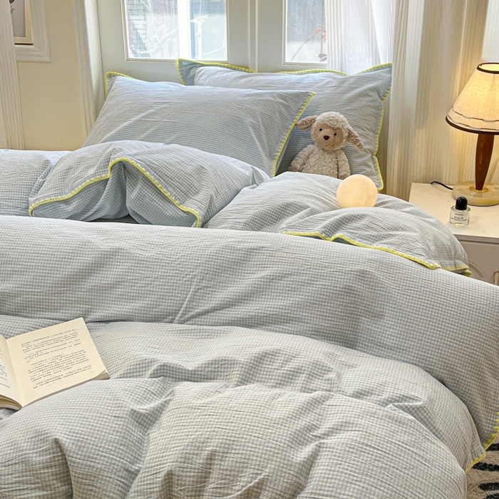 91家纺网 家纺一手货源 找家纺 禧澜庭 2026新款全棉纯棉水洗棉贝壳边三角针四件套 简格-蓝