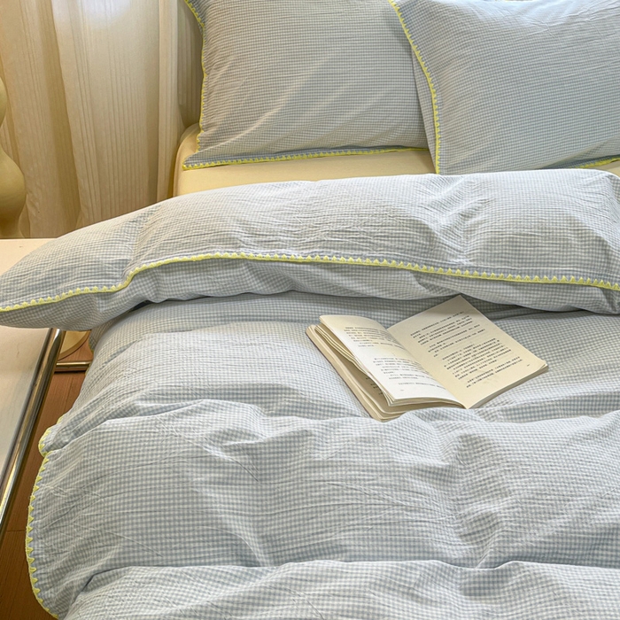 91家纺网 家纺一手货源 找家纺 禧澜庭 2026新款全棉纯棉水洗棉贝壳边三角针四件套 简格-蓝