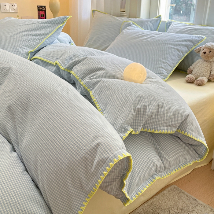 禧澜庭 2026新款全棉纯棉水洗棉贝壳边三角针四件套 简格-蓝