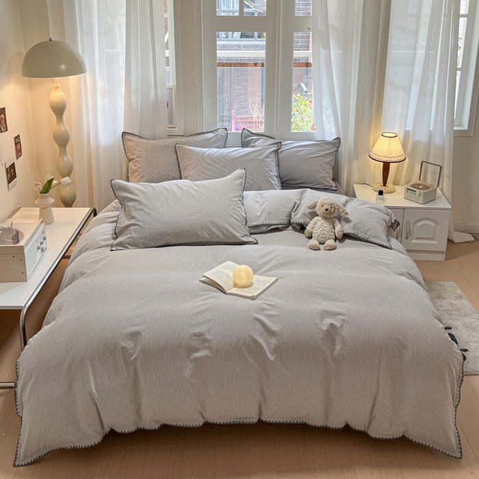 91家纺网 家纺一手货源 找家纺 禧澜庭 2026新款全棉纯棉水洗棉贝壳边三角针四件套 初见-灰