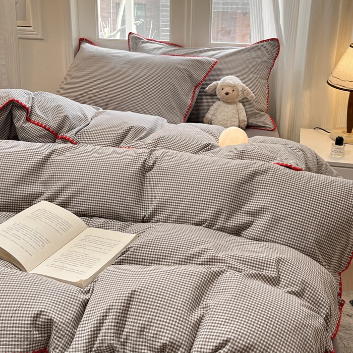 91家纺网 家纺一手货源 找家纺 禧澜庭 2026新款全棉纯棉水洗棉贝壳边三角针四件套 简格-灰