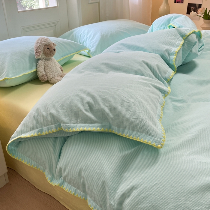 91家纺网 家纺一手货源 找家纺 禧澜庭 2026新款全棉纯棉水洗棉贝壳边三角针四件套 初见-蓝