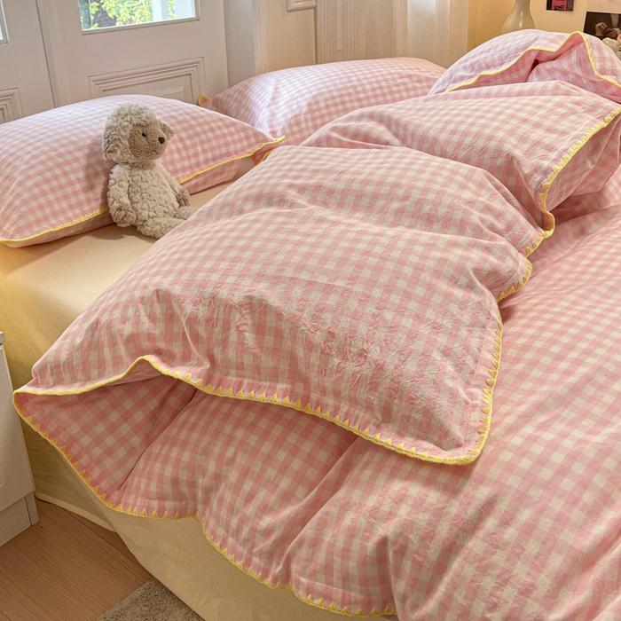 91家纺网 家纺一手货源 找家纺 禧澜庭 2026新款全棉纯棉水洗棉贝壳边三角针四件套 云芙-粉