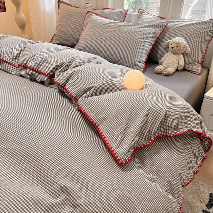 91家纺网 家纺一手货源 找家纺 禧澜庭 2026新款全棉纯棉水洗棉贝壳边三角针四件套 简格-灰