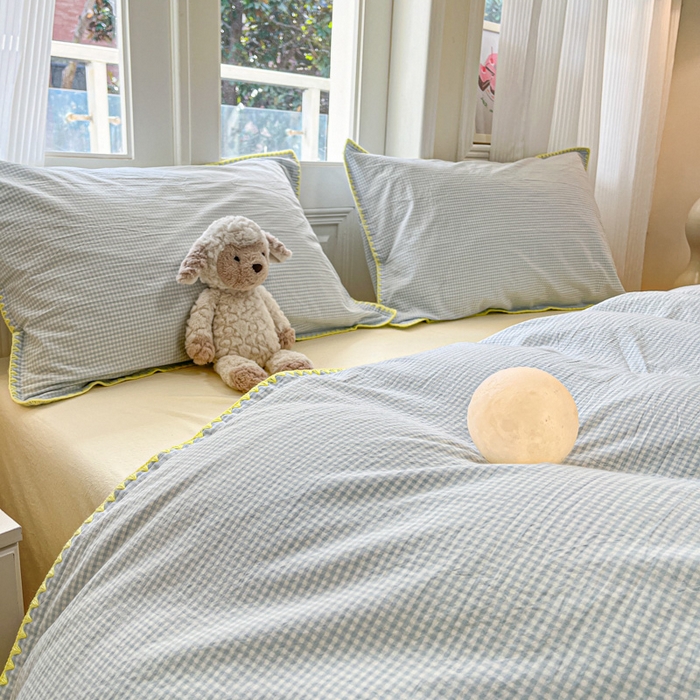 91家纺网 家纺一手货源 找家纺 禧澜庭 2026新款全棉纯棉水洗棉贝壳边三角针四件套 简格-蓝