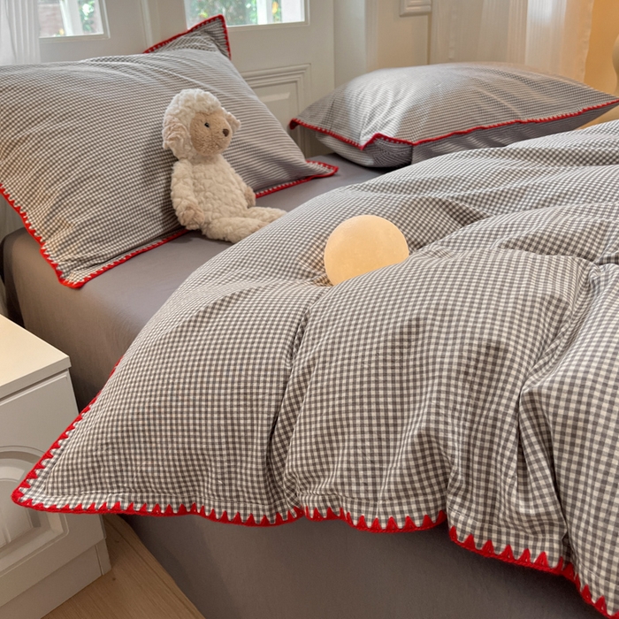 91家纺网 家纺一手货源 找家纺 禧澜庭 2026新款全棉纯棉水洗棉贝壳边三角针四件套 简格-灰