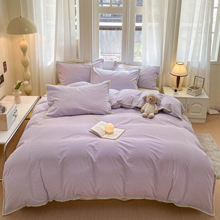 91家纺网 家纺一手货源 找家纺 禧澜庭 2026新款全棉纯棉水洗棉贝壳边三角针四件套 简格-紫