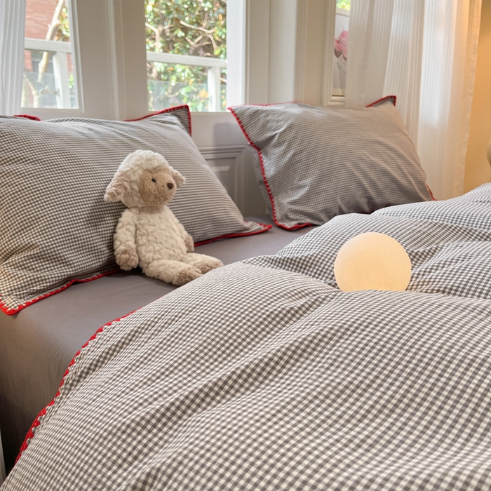 91家纺网 家纺一手货源 找家纺 禧澜庭 2026新款全棉纯棉水洗棉贝壳边三角针四件套 简格-灰