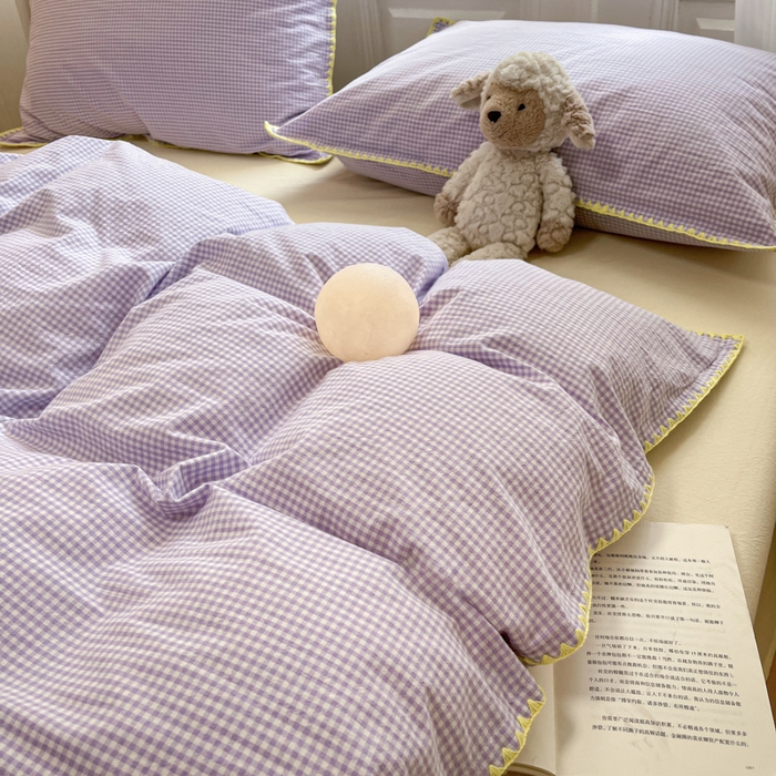 91家纺网 家纺一手货源 找家纺 禧澜庭 2026新款全棉纯棉水洗棉贝壳边三角针四件套 简格-紫