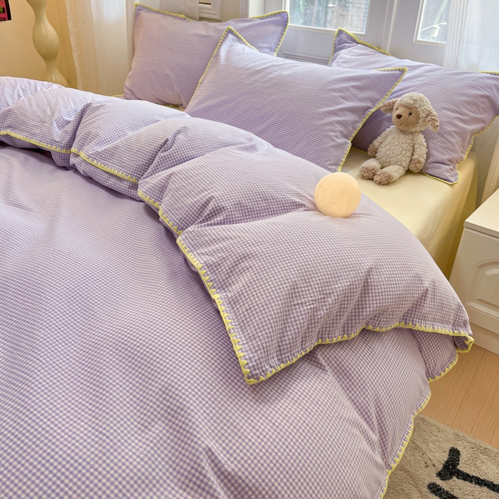 91家纺网 家纺一手货源 找家纺 禧澜庭 2026新款全棉纯棉水洗棉贝壳边三角针四件套 简格-紫