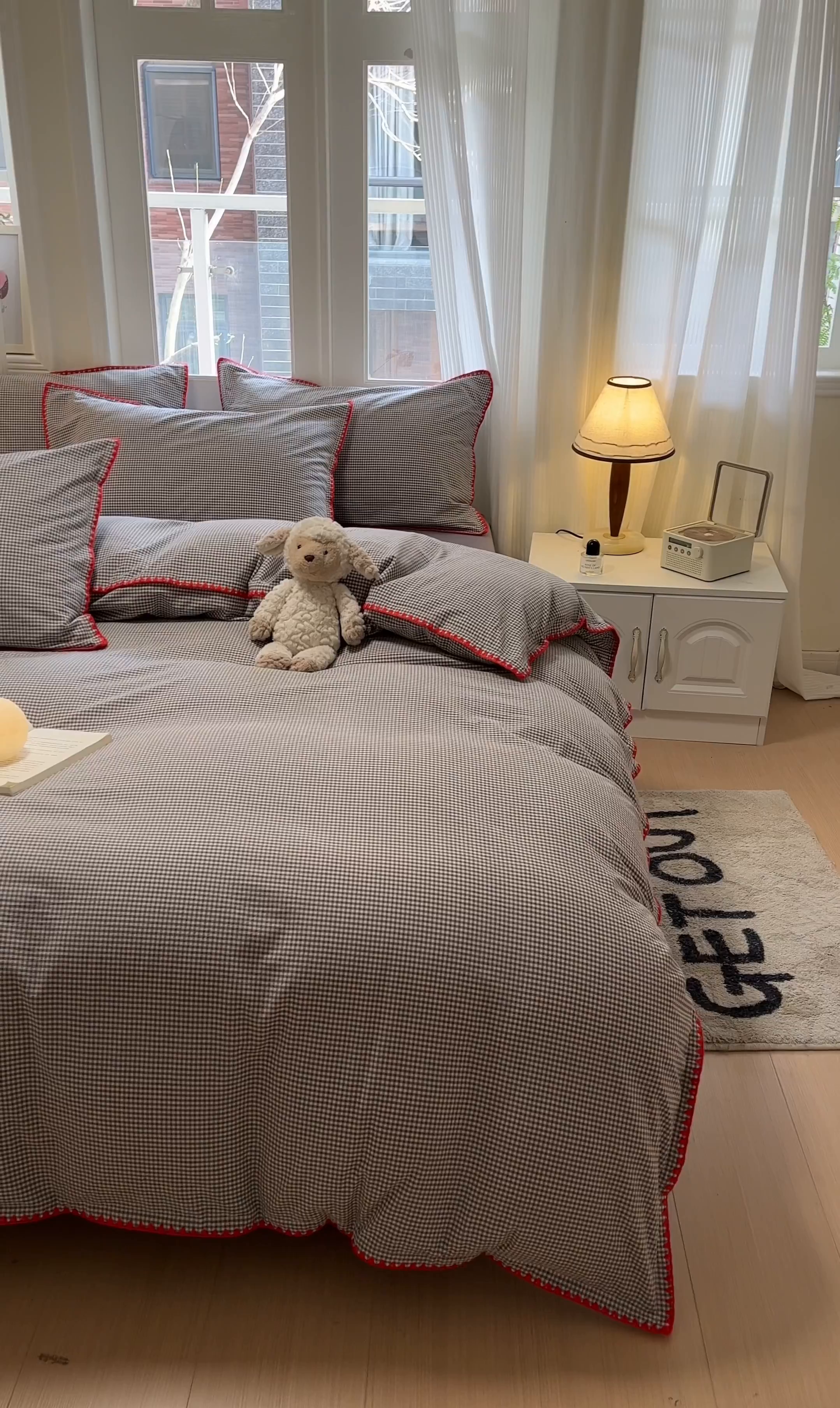 91家纺网 家纺一手货源 找家纺 禧澜庭 2026新款全棉纯棉水洗棉贝壳边三角针四件套 简格-灰