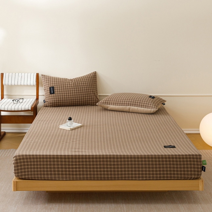 91家纺网 家纺一手货源 找家纺 卡姿家纺 2026春夏色织水洗棉复古风 — 床笠三件套 床笠-北泽深咖