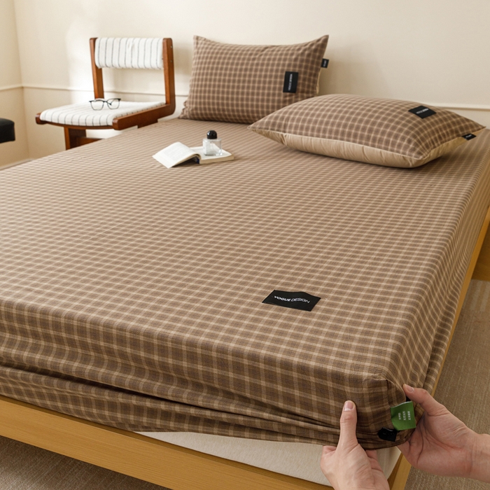 91家纺网 家纺一手货源 找家纺 卡姿家纺 2026春夏色织水洗棉复古风 — 床笠三件套 床笠-北泽深咖