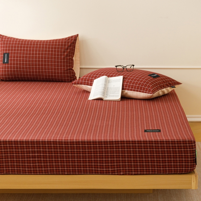 91家纺网 家纺一手货源 找家纺 卡姿家纺 2026春夏色织水洗棉复古风 — 床笠三件套 床笠-旷野红