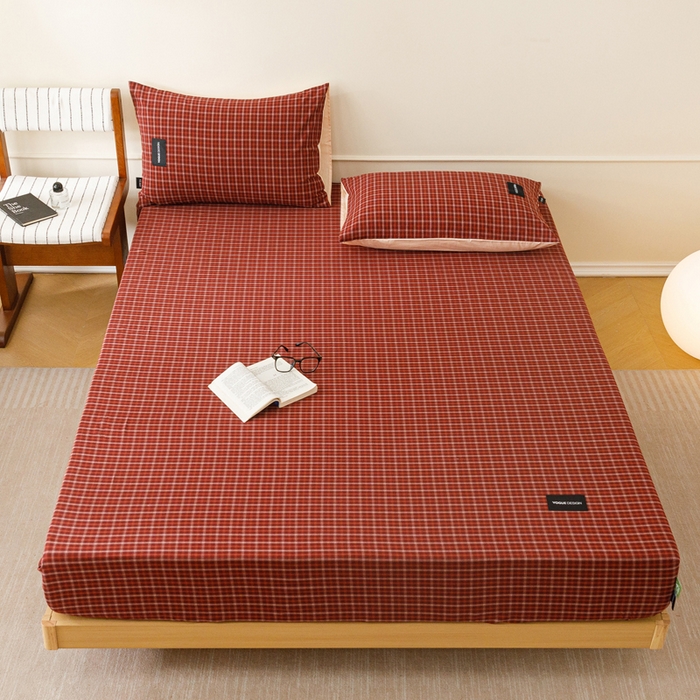 91家纺网 家纺一手货源 找家纺 卡姿家纺 2026春夏色织水洗棉复古风 — 床笠三件套 床笠-旷野红