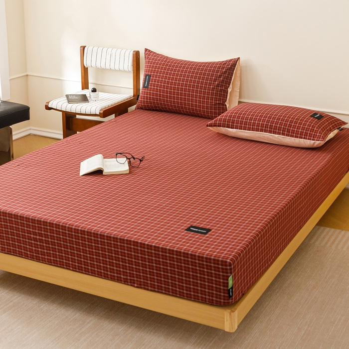 91家纺网 家纺一手货源 找家纺 卡姿家纺 2026春夏色织水洗棉复古风 — 床笠三件套 床笠-旷野红