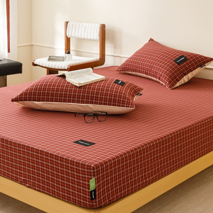 91家纺网 家纺一手货源 找家纺 卡姿家纺 2026春夏色织水洗棉复古风 — 床笠三件套 床笠-旷野红