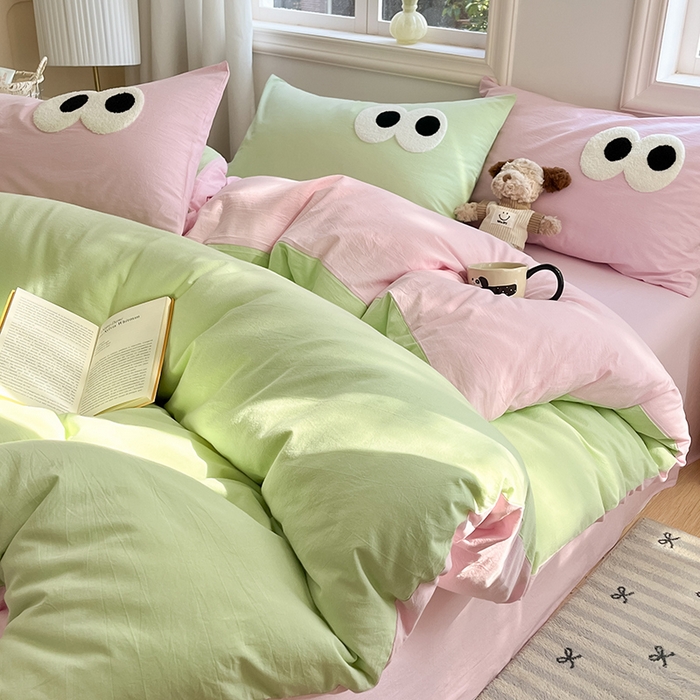 91家纺网 家纺一手货源 找家纺 禧澜庭 2026新款全棉纯棉水洗棉四件套大眼毛巾绣 抹茶绿+白桃粉