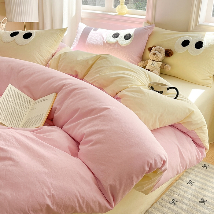 91家纺网 家纺一手货源 找家纺 禧澜庭 2026新款全棉纯棉水洗棉四件套大眼毛巾绣 白桃粉+奶油黄