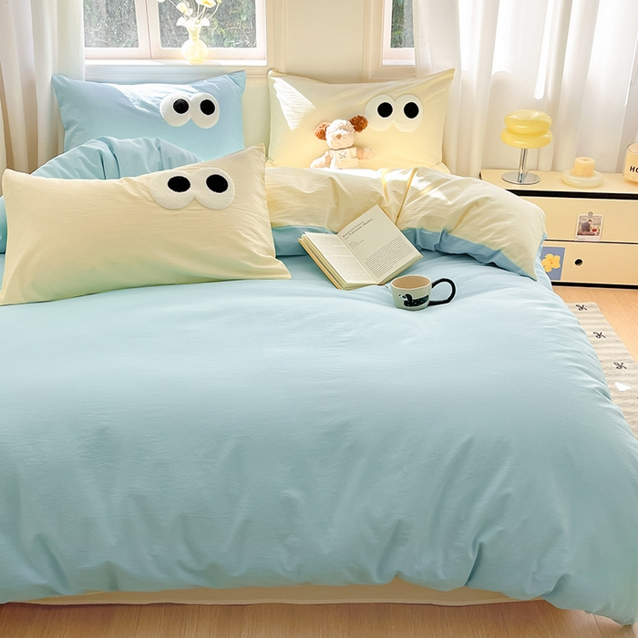 91家纺网 家纺一手货源 找家纺 禧澜庭 2026新款全棉纯棉水洗棉四件套大眼毛巾绣 海天蓝+奶油黄