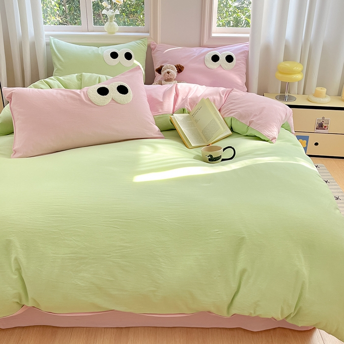 91家纺网 家纺一手货源 找家纺 禧澜庭 2026新款全棉纯棉水洗棉四件套大眼毛巾绣 抹茶绿+白桃粉