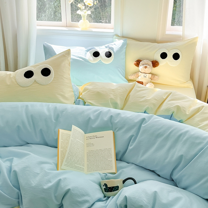 91家纺网 家纺一手货源 找家纺 禧澜庭 2026新款全棉纯棉水洗棉四件套大眼毛巾绣 海天蓝+奶油黄