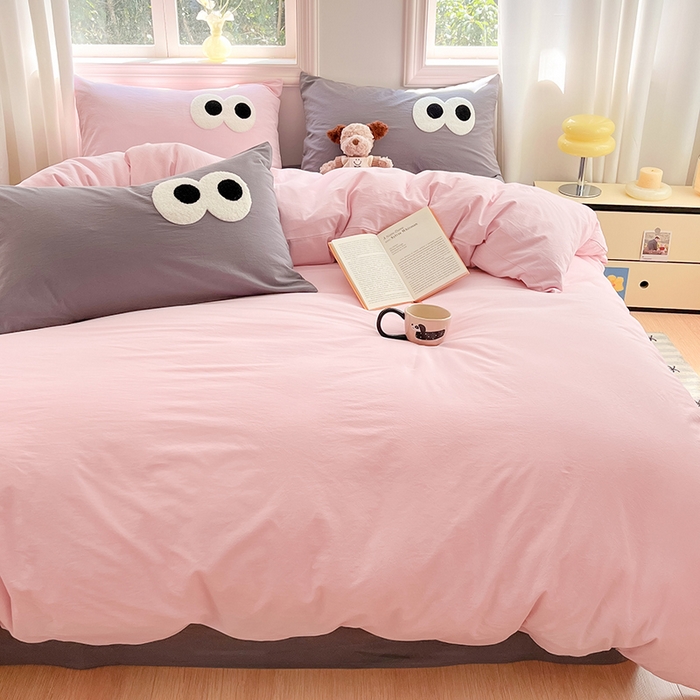 91家纺网 家纺一手货源 找家纺 禧澜庭 2026新款全棉纯棉水洗棉四件套大眼毛巾绣 白桃粉+都市灰