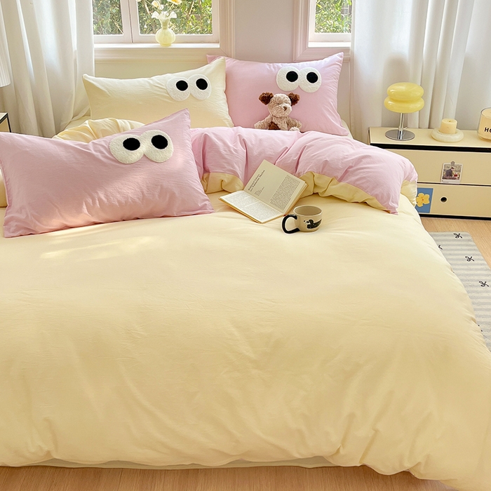 91家纺网 家纺一手货源 找家纺 禧澜庭 2026新款全棉纯棉水洗棉四件套大眼毛巾绣 奶油黄+白桃粉