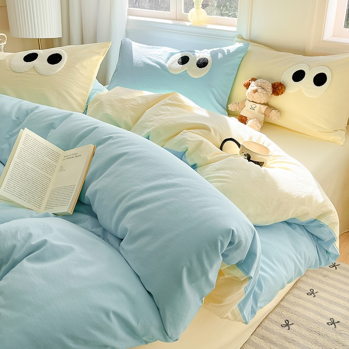 禧澜庭 2026新款全棉纯棉水洗棉四件套大眼毛巾绣 海天蓝+奶油黄