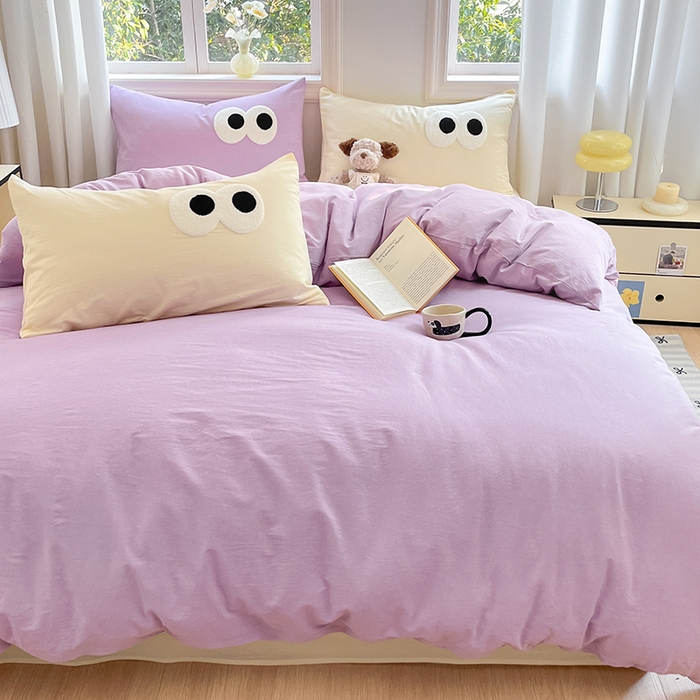 91家纺网 家纺一手货源 找家纺 禧澜庭 2026新款全棉纯棉水洗棉四件套大眼毛巾绣 兰花紫+奶油黄