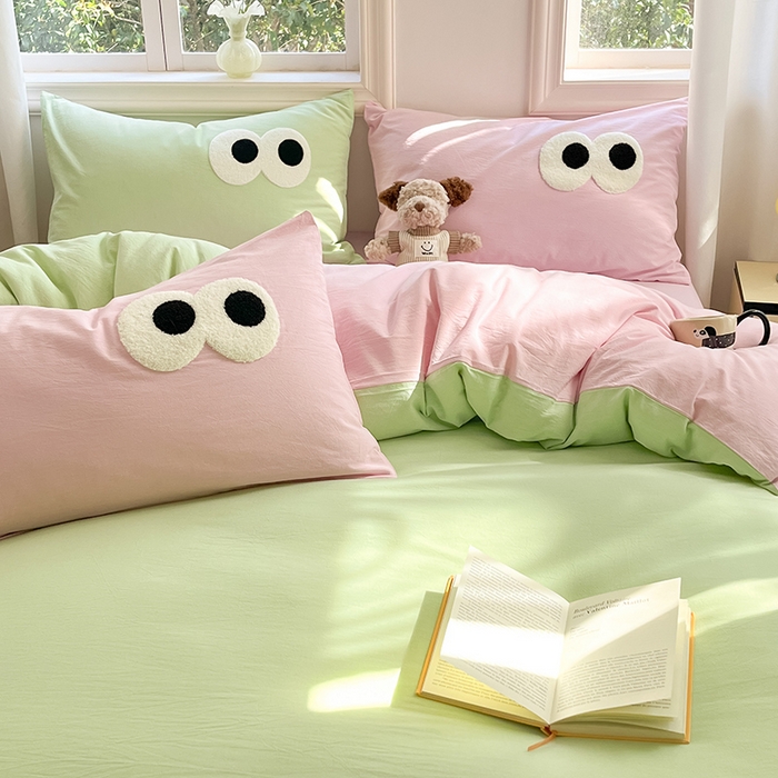 91家纺网 家纺一手货源 找家纺 禧澜庭 2026新款全棉纯棉水洗棉四件套大眼毛巾绣 抹茶绿+白桃粉