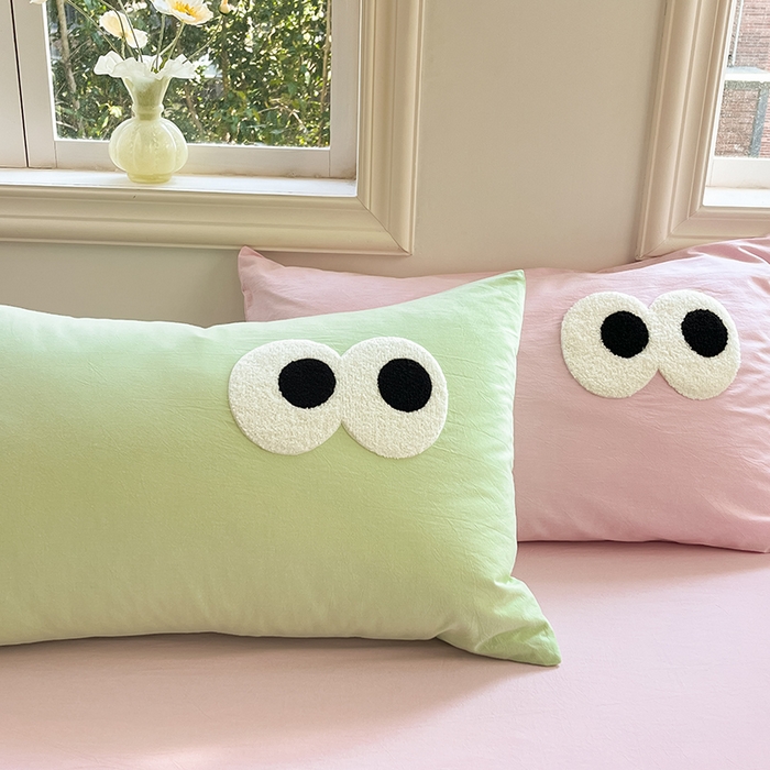 91家纺网 家纺一手货源 找家纺 禧澜庭 2026新款全棉纯棉水洗棉四件套大眼毛巾绣 抹茶绿+白桃粉