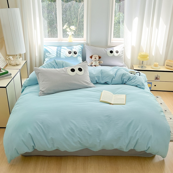 91家纺网 家纺一手货源 找家纺 禧澜庭 2026新款全棉纯棉水洗棉四件套大眼毛巾绣 海天蓝+银翼灰