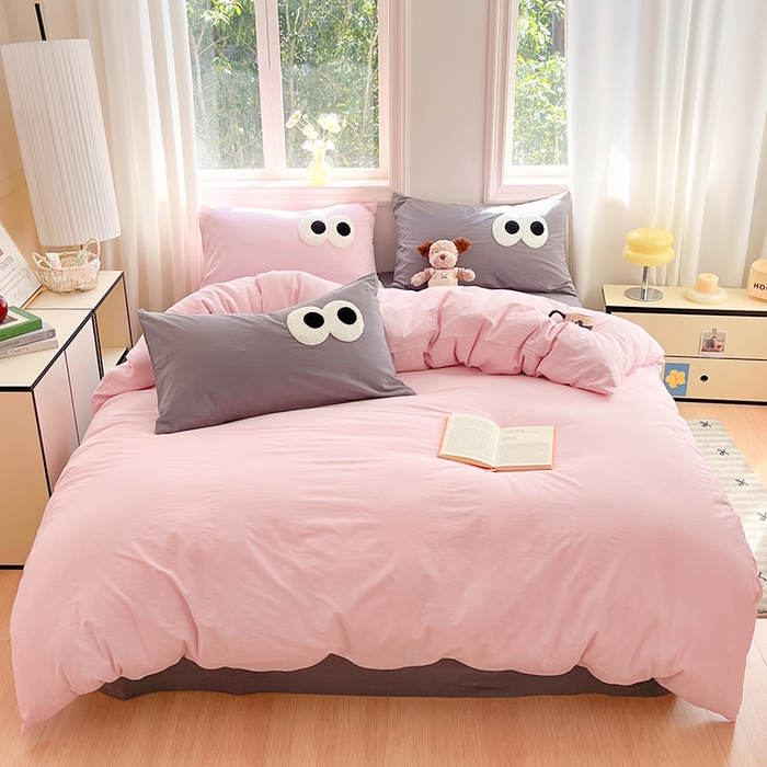 91家纺网 家纺一手货源 找家纺 禧澜庭 2026新款全棉纯棉水洗棉四件套大眼毛巾绣 白桃粉+都市灰