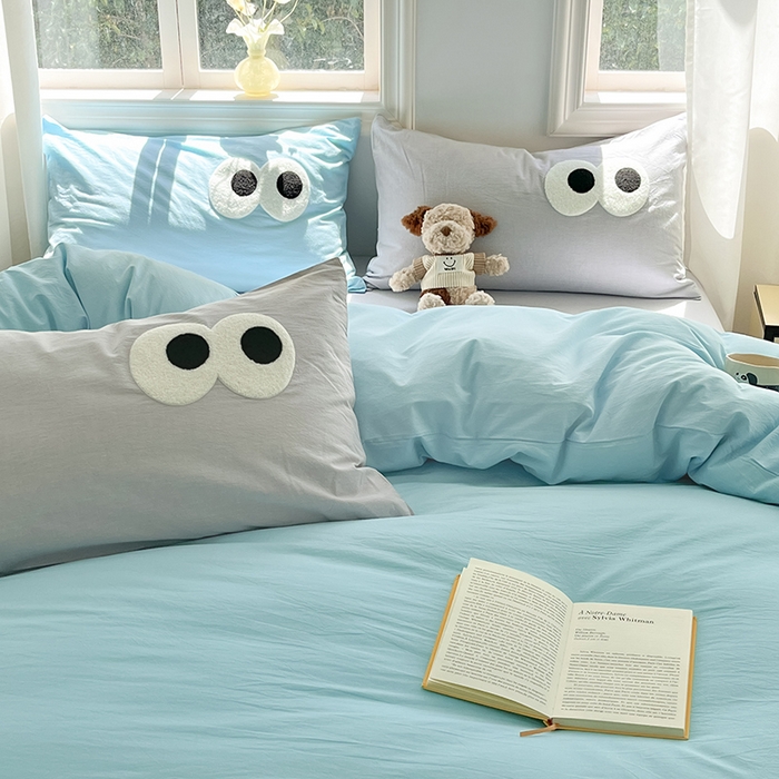 91家纺网 家纺一手货源 找家纺 禧澜庭 2026新款全棉纯棉水洗棉四件套大眼毛巾绣 海天蓝+银翼灰