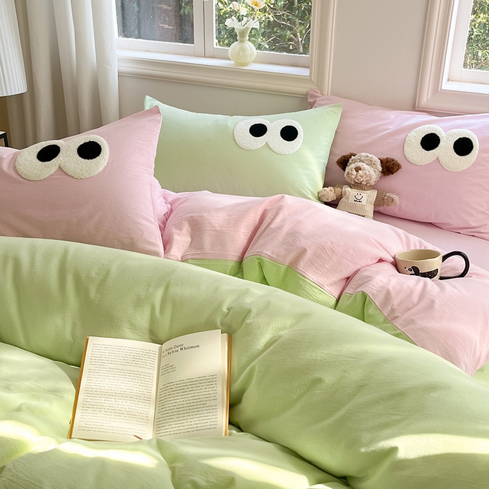 91家纺网 家纺一手货源 找家纺 禧澜庭 2026新款全棉纯棉水洗棉四件套大眼毛巾绣 抹茶绿+白桃粉