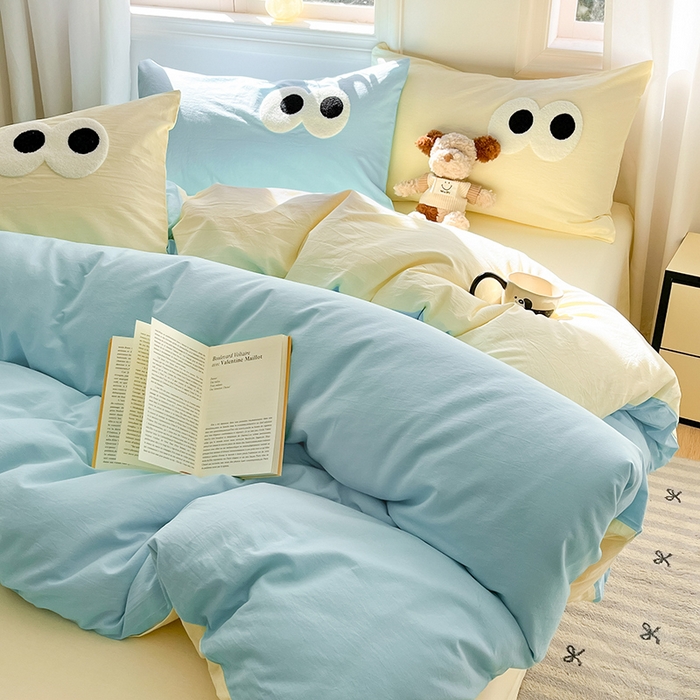 91家纺网 家纺一手货源 找家纺 禧澜庭 2026新款全棉纯棉水洗棉四件套大眼毛巾绣 海天蓝+奶油黄