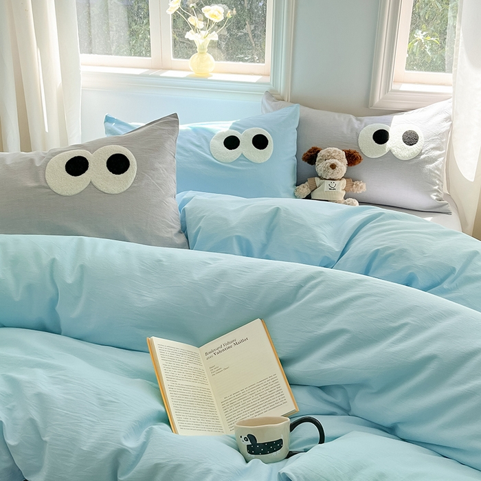 91家纺网 家纺一手货源 找家纺 禧澜庭 2026新款全棉纯棉水洗棉四件套大眼毛巾绣 海天蓝+银翼灰